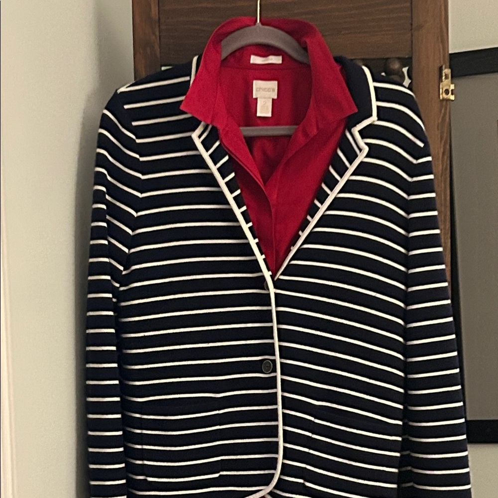 Nautical Striped Blazer Knit Single Breasted Pockets M Dark Navy + Ivory White
